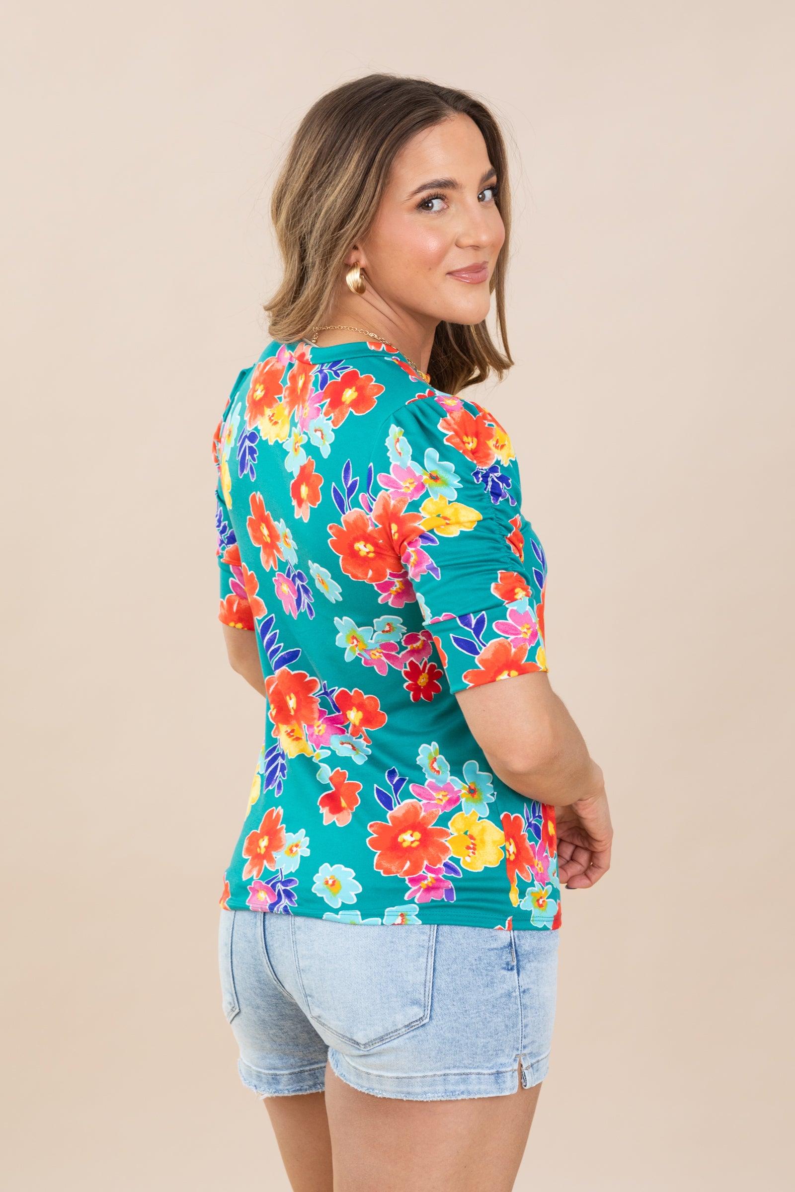 Teal Floral Shirring Detail Knit Top Product Image