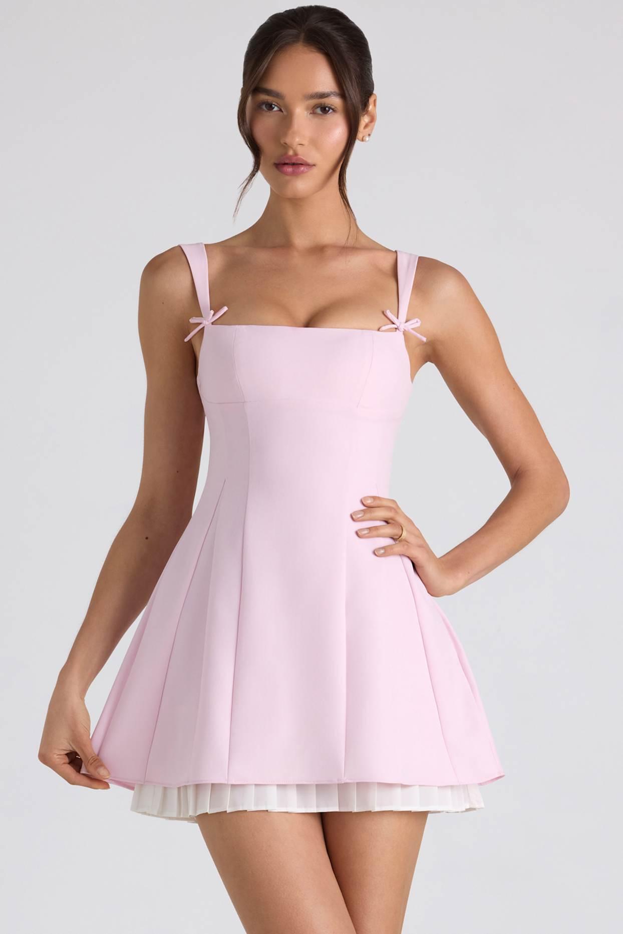 Bow-Detail Pleated A-Line Mini Dress in Soft Pink Product Image