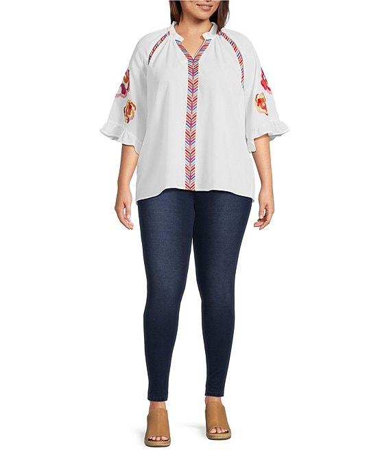 Calessa Plus Size Embroidered Ruffle Split V-Neck Elbow Sleeve Tunic Product Image