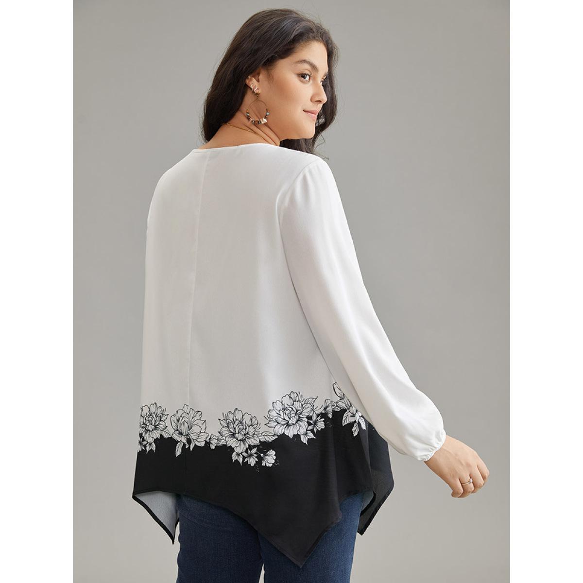 Plus Size White Boho Print Contrast Pleated Hanky Hem Blouse Women Vacation Long Sleeve Round Neck Vacation Blouses BloomChic 18-20/2X Product Image