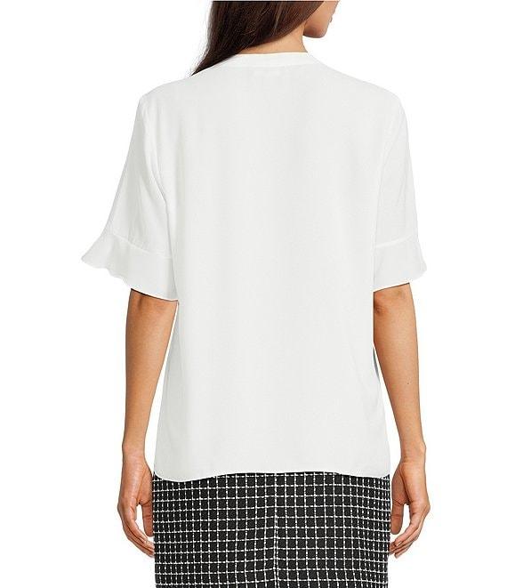 KARL LAGERFELD PARIS Short Sleeve Ruffle Front V-Neck Blouse Product Image