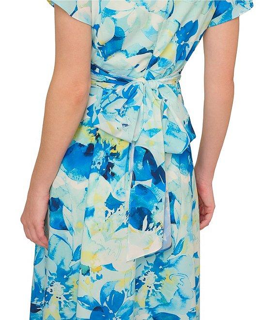 Adrianna Papell Chiffon Floral Print V-Neck Short Flutter Sleeve A-Line Midi Dress Product Image