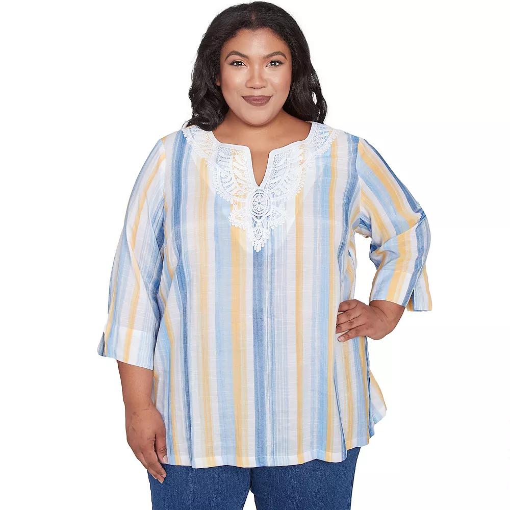 Plus Size Alfred Dunner Striped Flower Detail Button Front Top, Women's, Size: 2XL, Blue Team Product Image