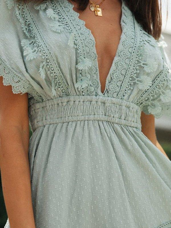 V Neck Lace Trim Dress Product Image