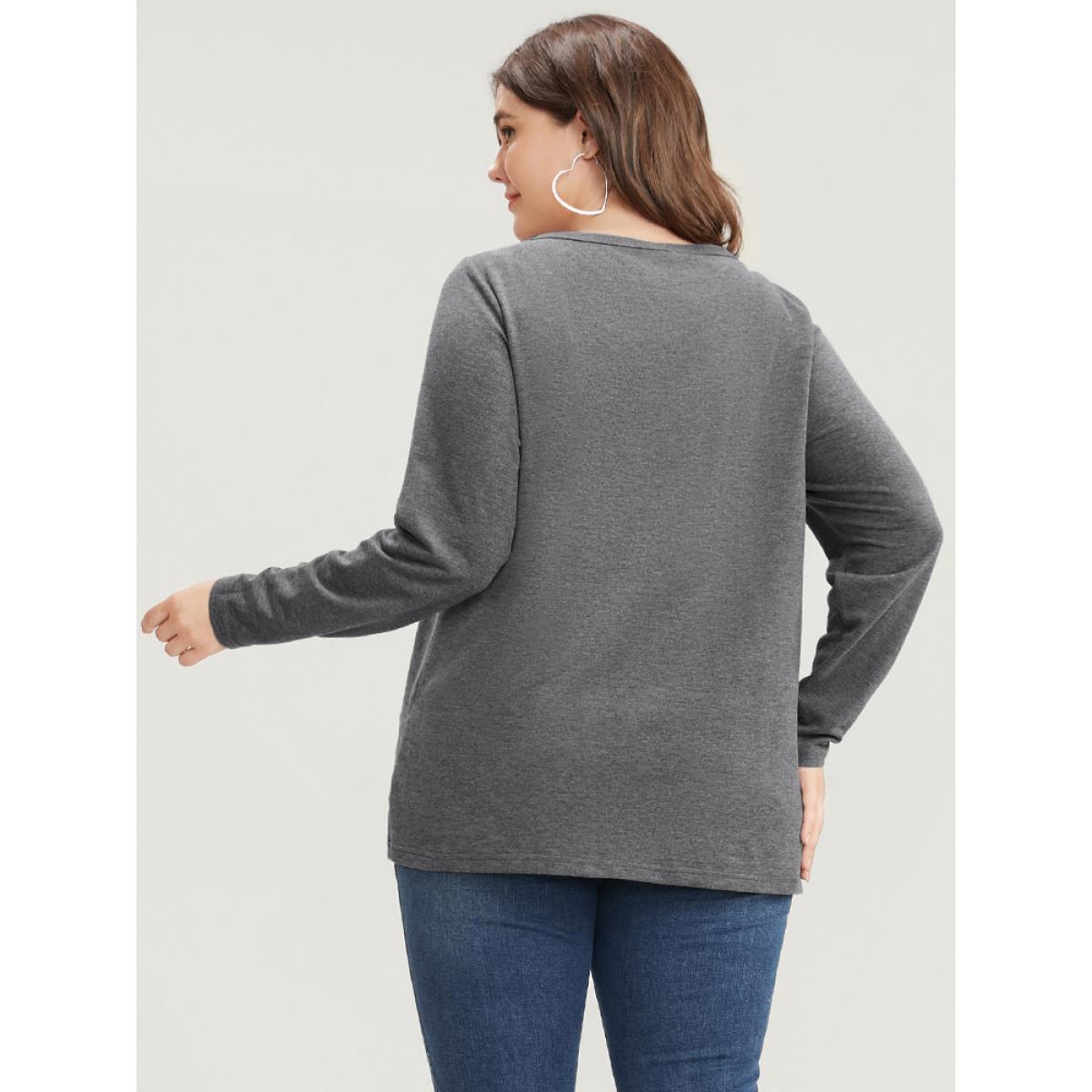Plus Size Solid Crew Neck Button Detail Long Tee Gray Women Casual Button Plain Round Neck Dailywear T-shirts BloomChic 10/M Product Image