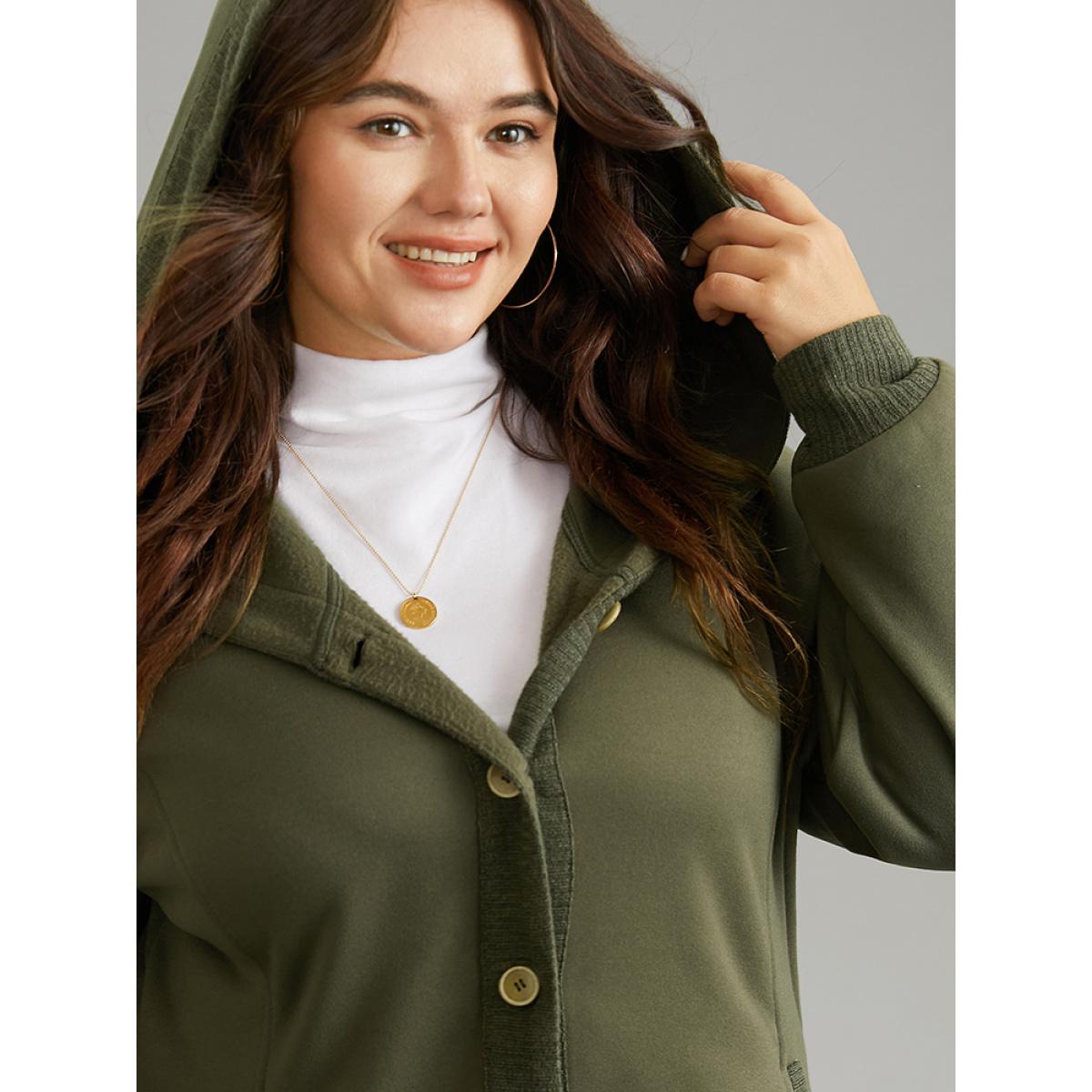 Plus Size Patchwork Rib Knit Hooded Button Up Jacket Women ArmyGreen Rib Knit Pocket Dailywear Jackets BloomChic 10/M Product Image