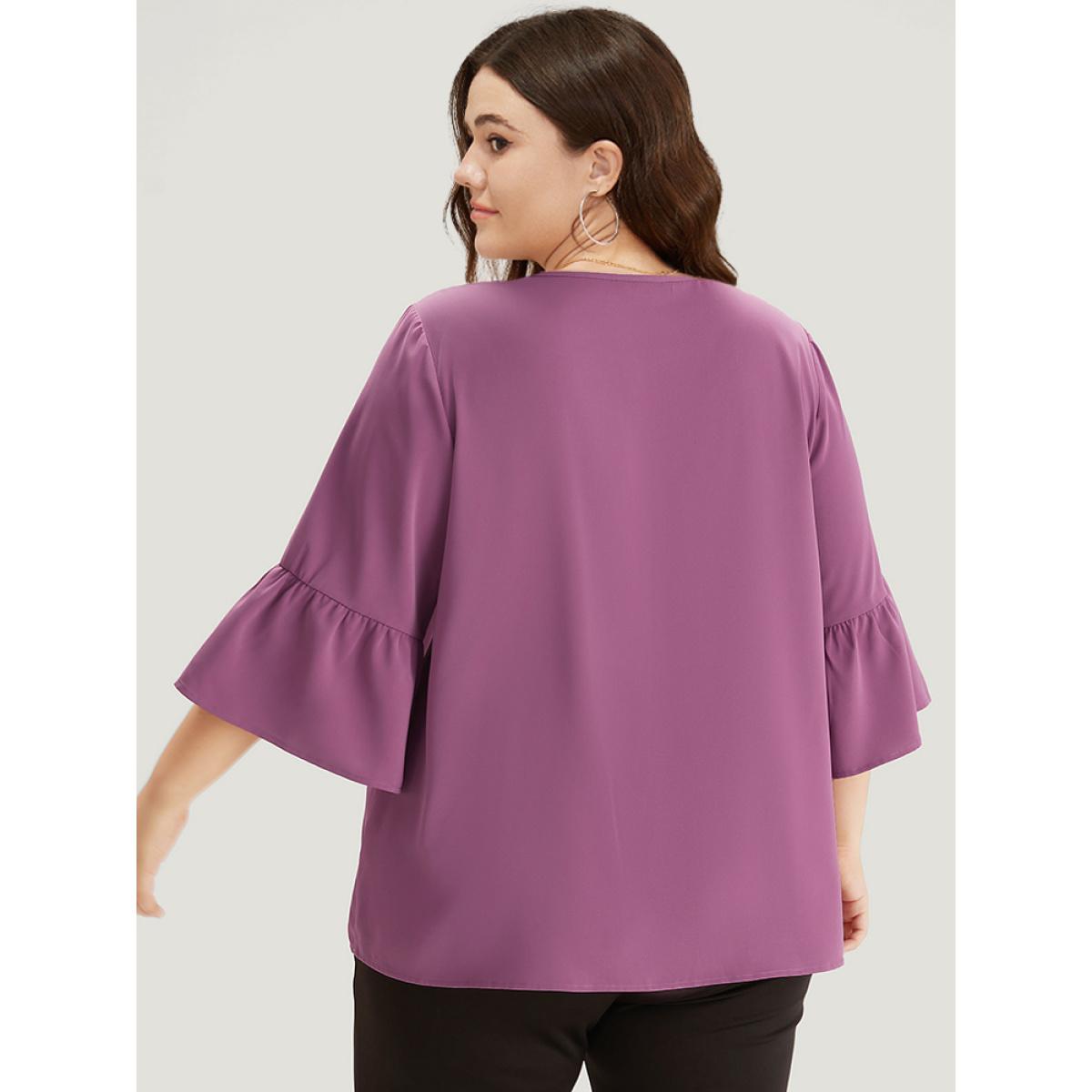 Plus Size Mauve Plain Keyhole Bell Sleeve Button Detail Blouse Women Office Elbow-length sleeve V-neck Office Blouses BloomChic 30/6X Product Image