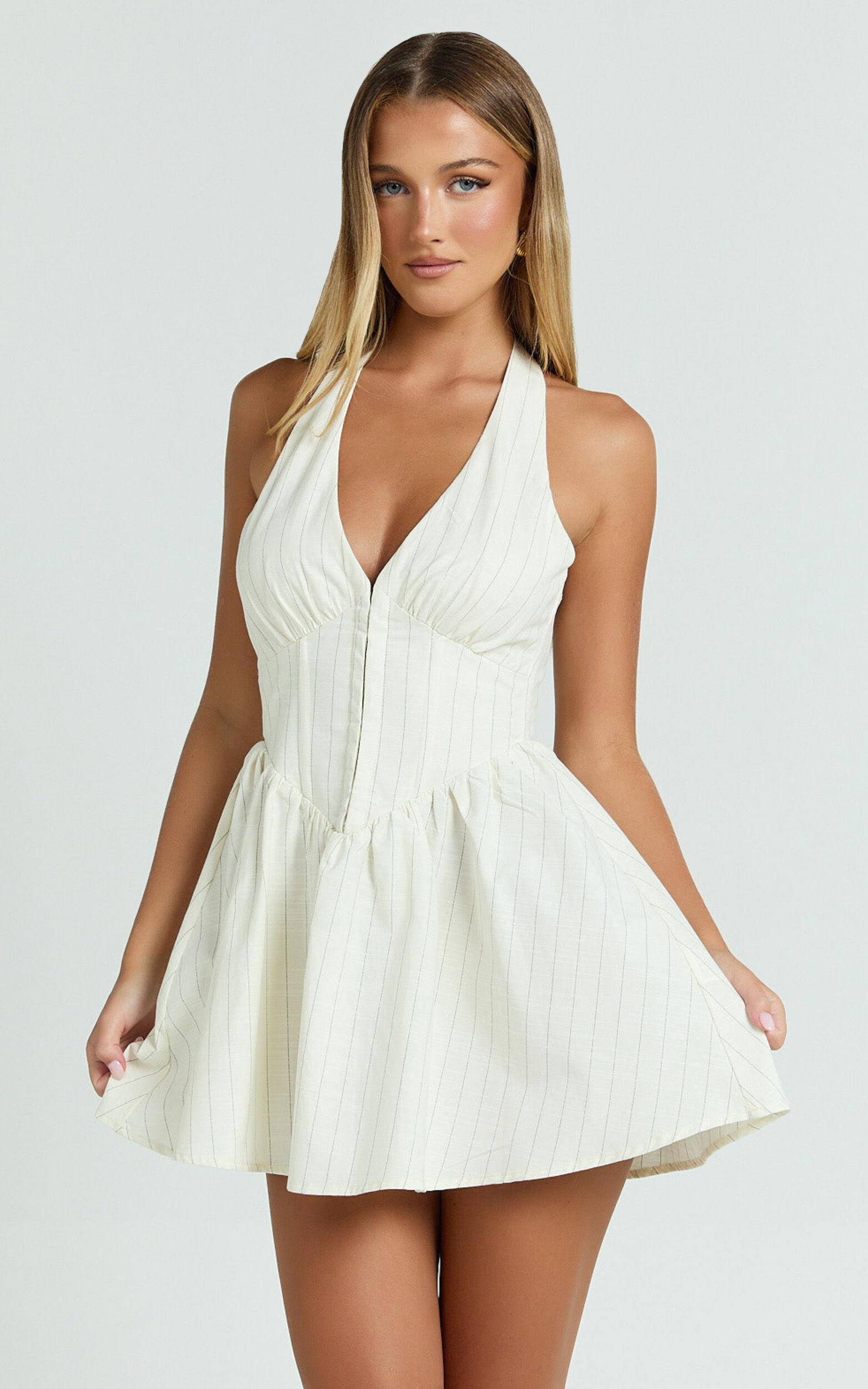 Raina Mini Dress - Halterneck Corset Waist Gathered Skirt Dress in Cream Product Image