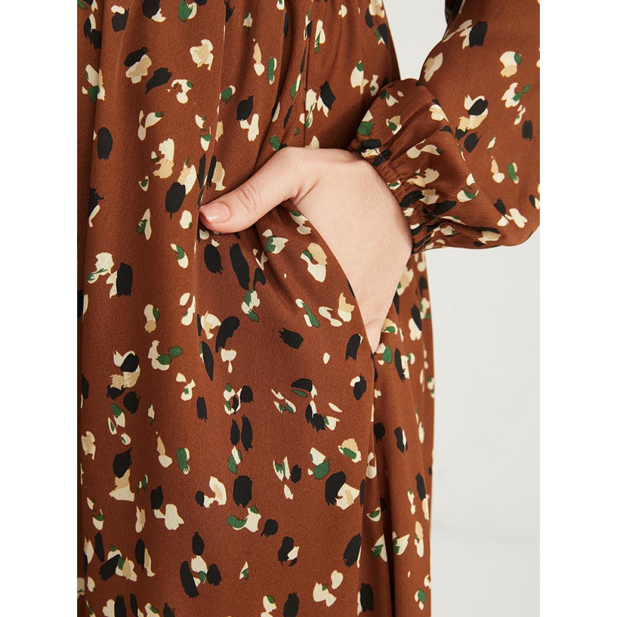 Plus Size Allover Print Shirred Pocket Surplice Neck Hanky Hem Dress Chocolate Women Elegant Asymmetrical V-neck Long Sleeve Curvy Midi Dress BloomChic 30/6X Product Image