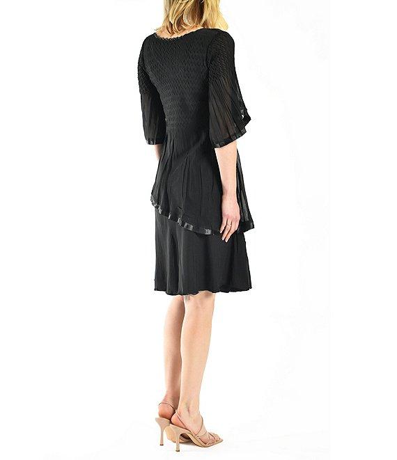 Komarov Chiffon Charmeuse Accordion Pleated V-Neck Elbow Sleeve Asymmetrical Tiered Dress Product Image