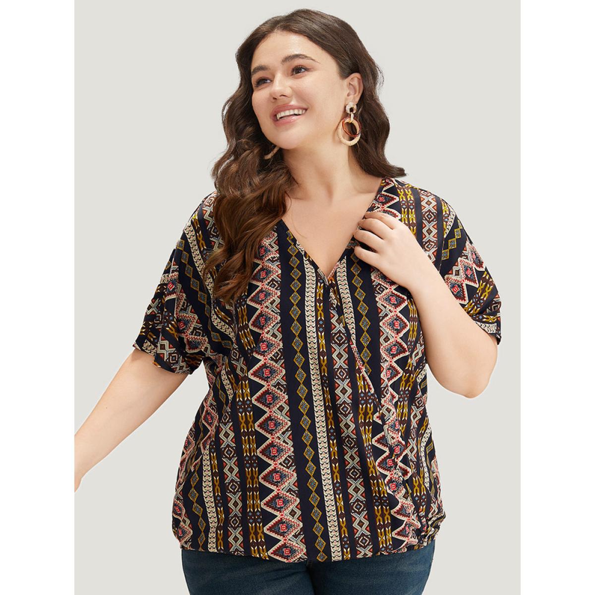 Plus Size Indigo Boho Print V Neck Wrap Blouse Women Vacation Short sleeve V-neck Dailywear Blouses BloomChic 26/4X Product Image