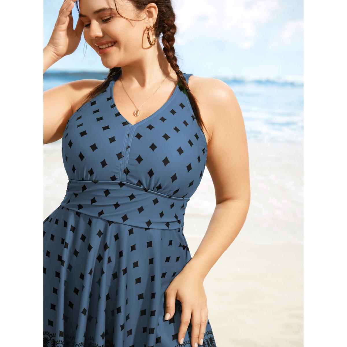 Plus Size V Neck Bandana Print Tie Knot Swim Dress Women's Swimwear Stone Beach Bodycon V-neck High stretch Curve Swim Dresses BloomChic 26/4X Product Image