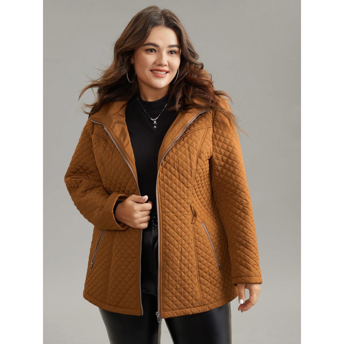 Plus Size Women Dailywear Plain Quilting No stretch Bodycon 28/5X Pocket Belt Elegant Quilted Jackets BloomChic Product Image