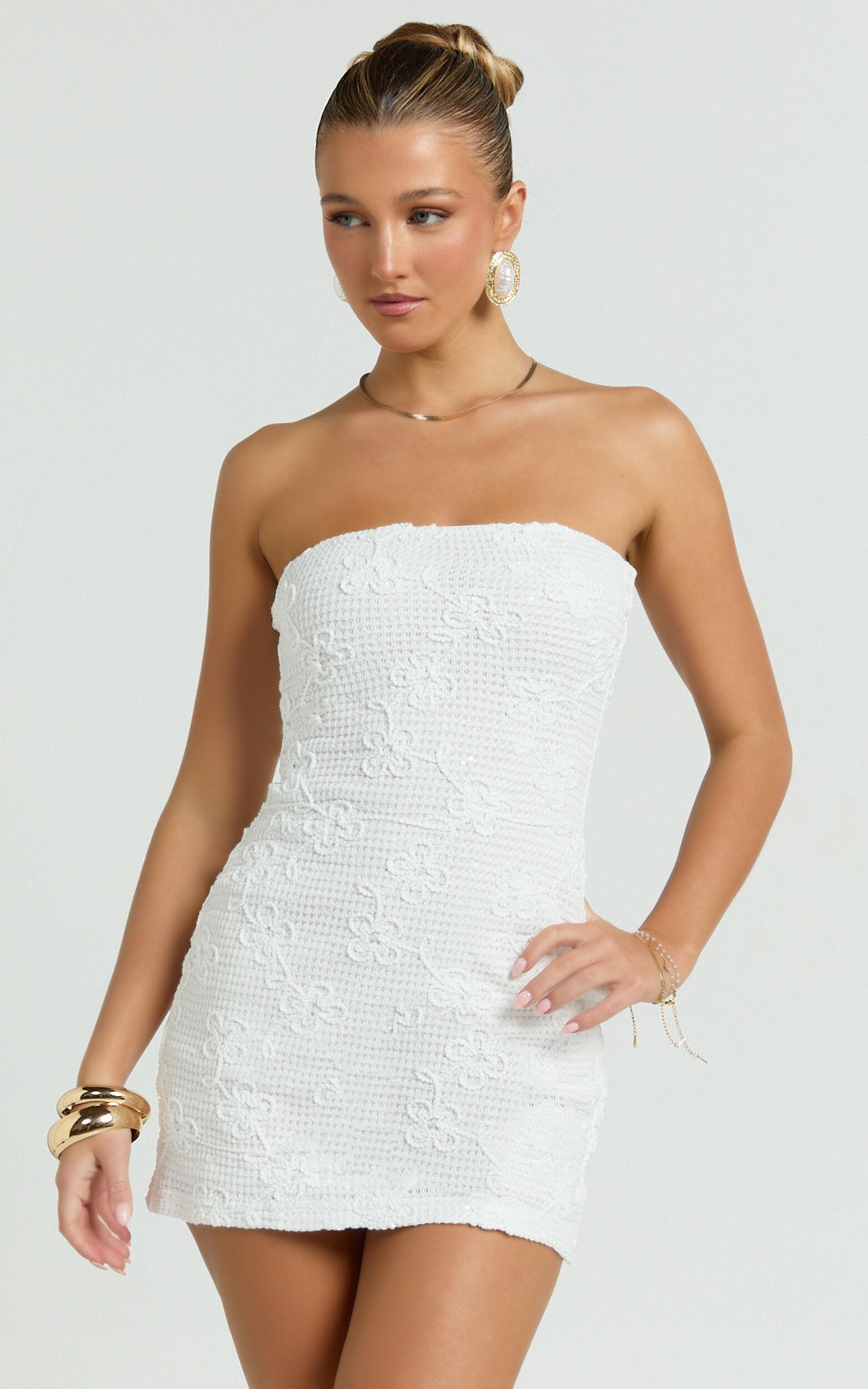 Inka Mini Dress - Strapless Fitted Jersey Dress in White Product Image