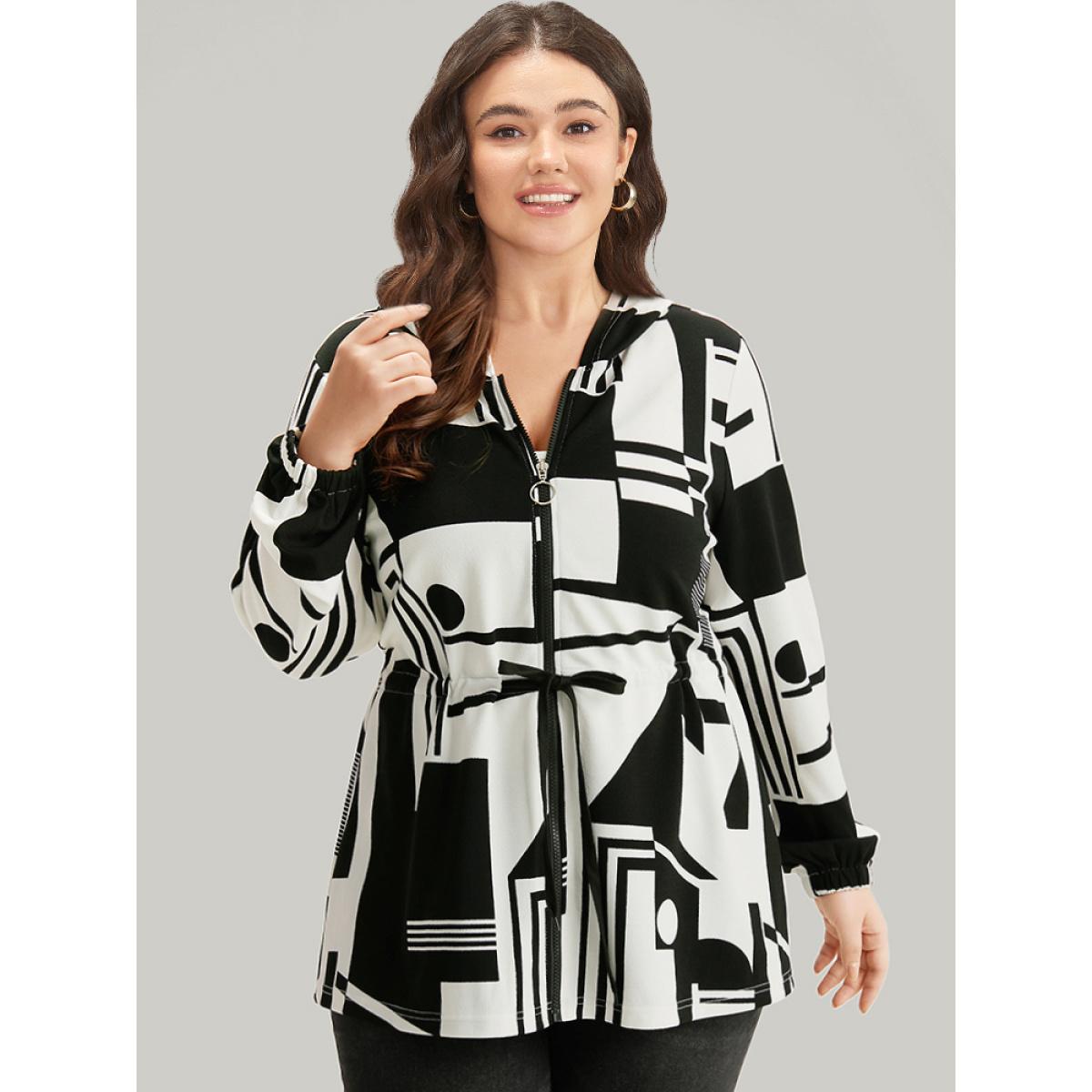 Plus Size Halloween Geometric Print Drawstring Zipper Hooded Knot Jacket Women Black Zipper Dailywear Jackets BloomChic 14-16/1X Product Image