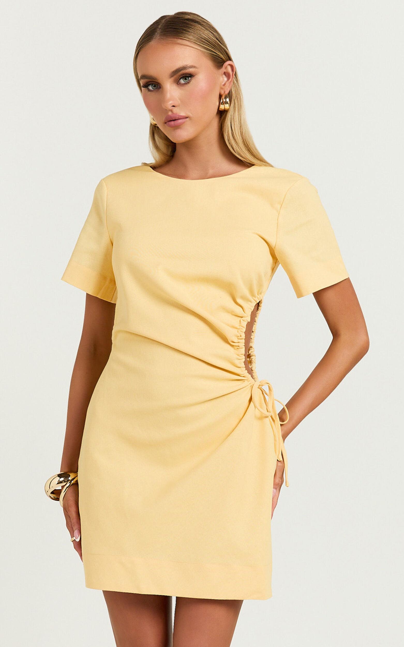 Samira Mini Dress - Ruched Cut Out Linen Dress in Lemon Product Image