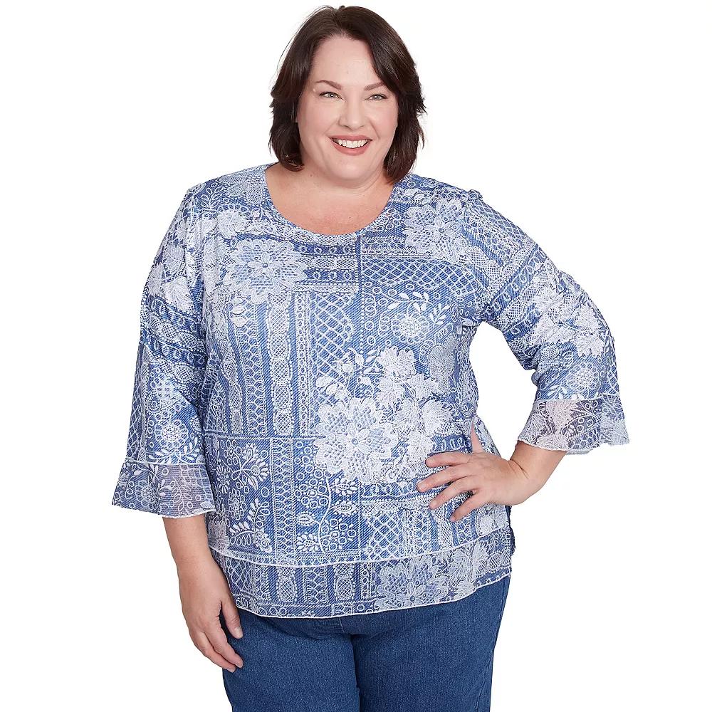 Plus Size Alfred Dunner Lacey Floral Patchwork Crew Neck Top, Women's, Size: 3XL, Blue Product Image