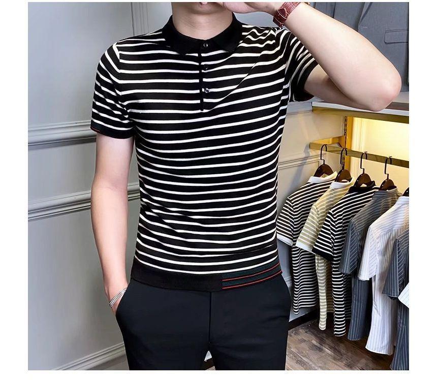 Short-Sleeve Striped Polo Knit Top Product Image