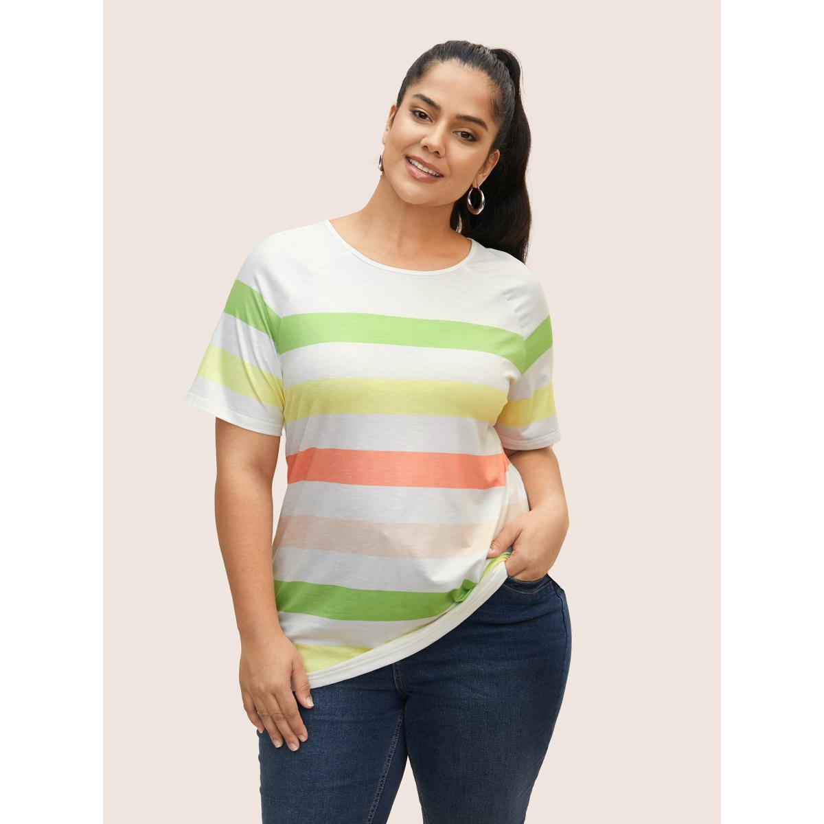 Plus Size Colored Striped Crew Neck Raglan Sleeve T-shirt Multicolor Women Casual Contrast Round Neck Everyday T-shirts BloomChic 12/L Product Image