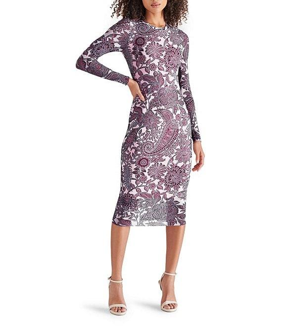Steve Madden Hailee Paisley Print Crew Neck Long Sleeve Mesh Midi Dress Product Image