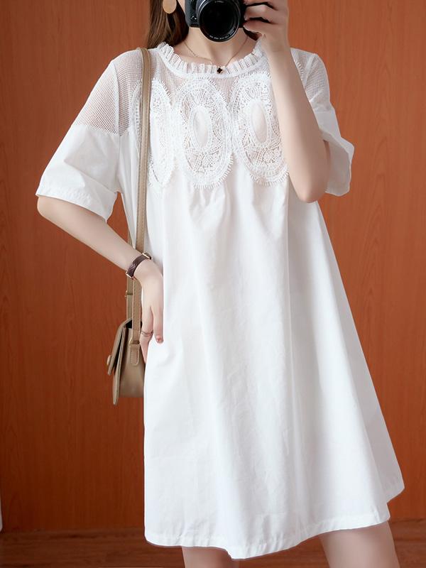 Original Solid Lace Split-Side Short Sleeve A-Line Mini Dress Product Image