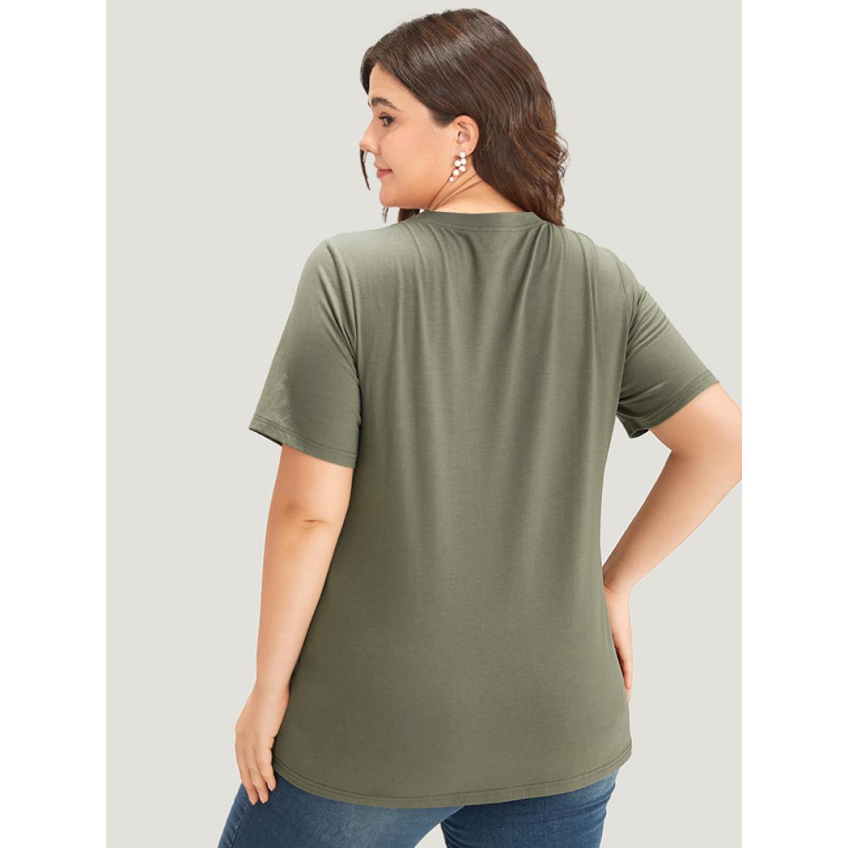 Plus Size Plants Print Round Neck T-shirt ArmyGreen Women Casual Printed Natural Flowers Dailywear T-shirts BloomChic 22-24/3X Product Image