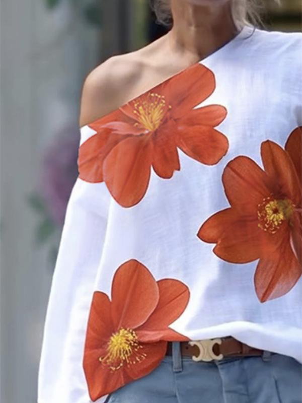 Long Sleeves Loose Flower Print One-Shoulder T-Shirts Tops Product Image