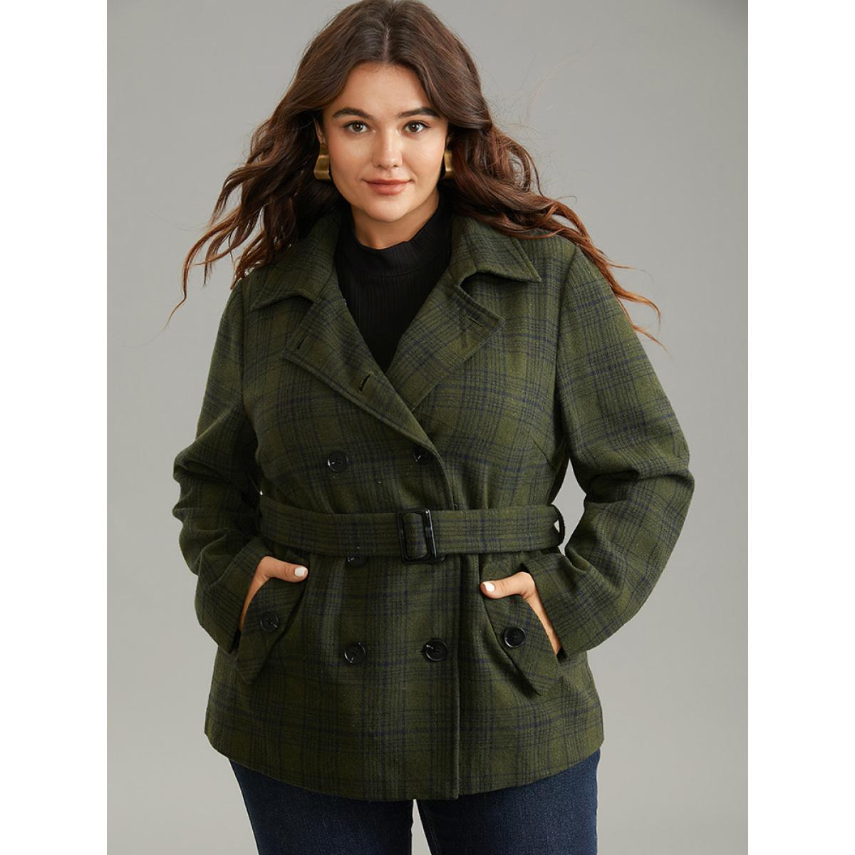 Plus Size Plaid Lapel Collar Double Breasted Belted Coat Women ArmyGreen Casual Lined Ladies Dailywear Winter Coats BloomChic 26/4X Product Image