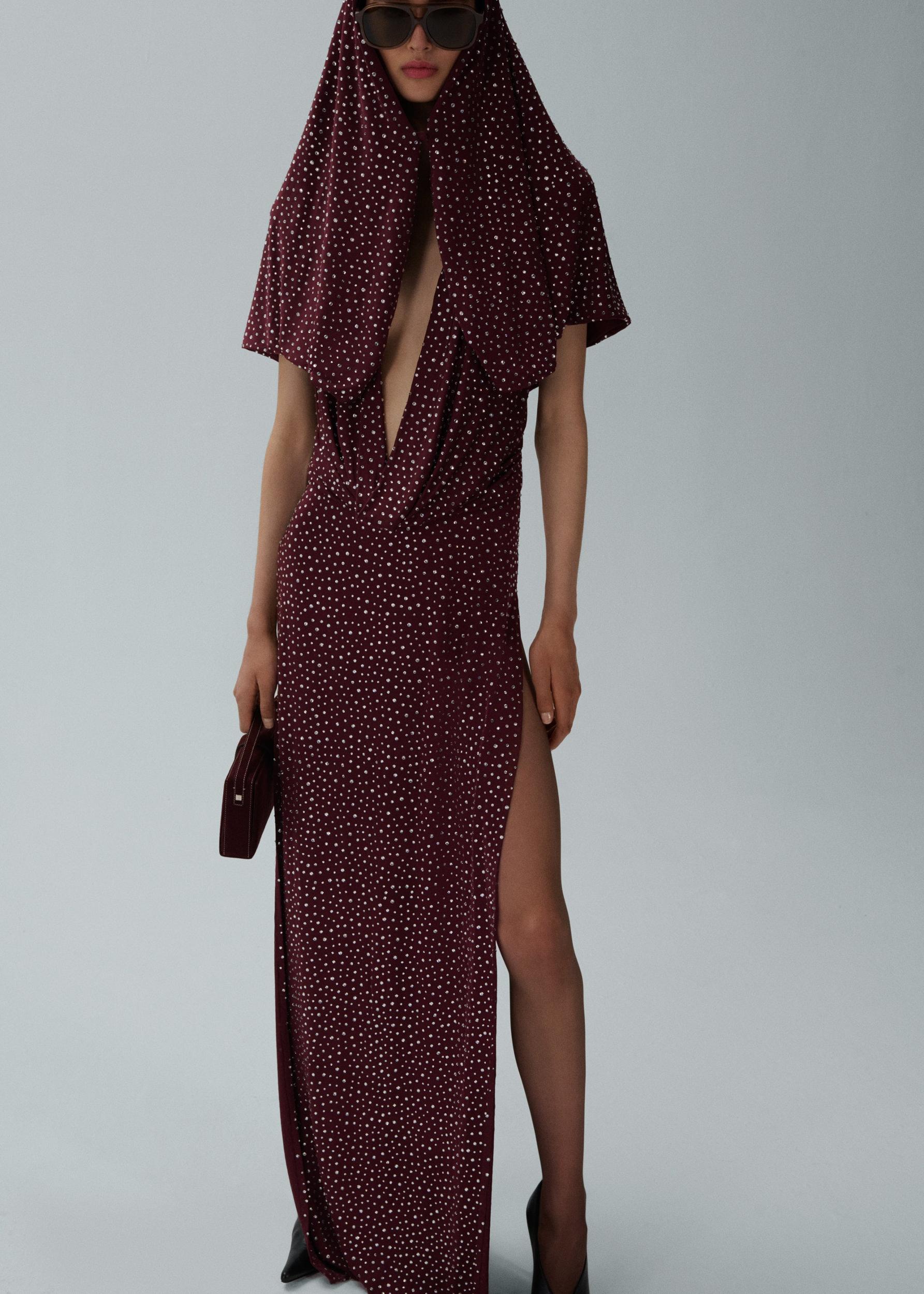 Hooded plunge maxi dress in bordeaux crystals Product Image