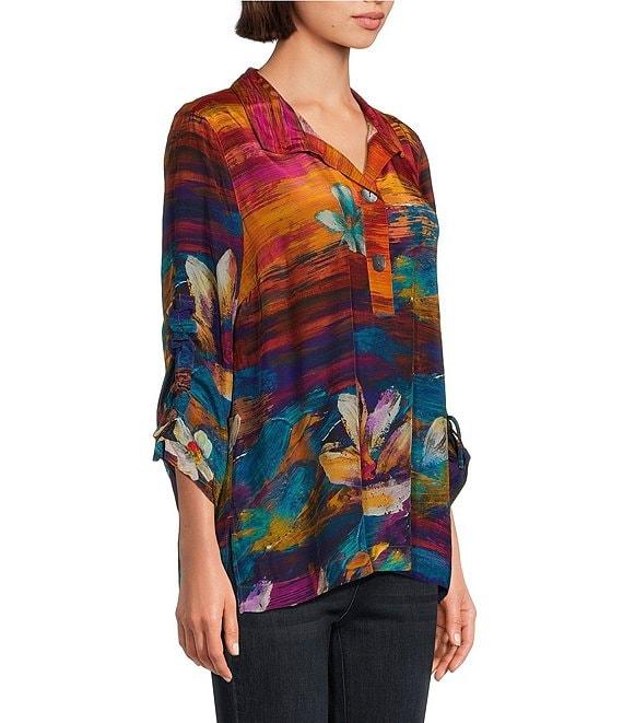 John Mark Woven Floral Painting Print Wire Collar 3/4 Cinch Sleeve Tunic Product Image