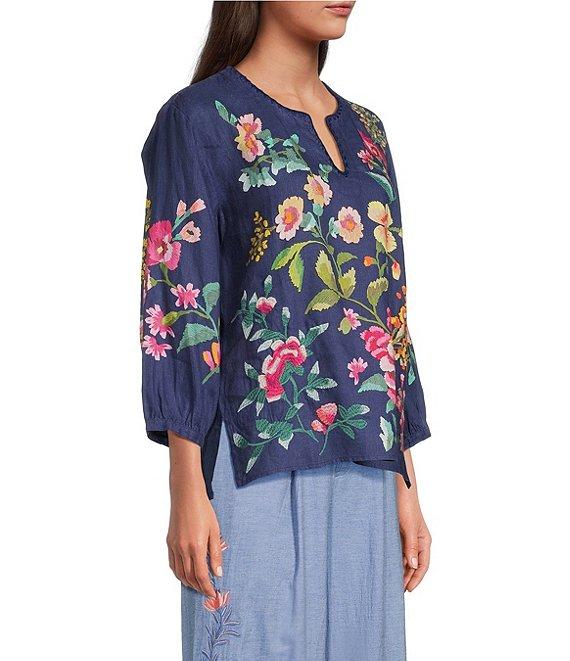 JOHNNY WAS Linen Floral Embroidered Split V-Neck 3/4 Sleeve Blouse Product Image