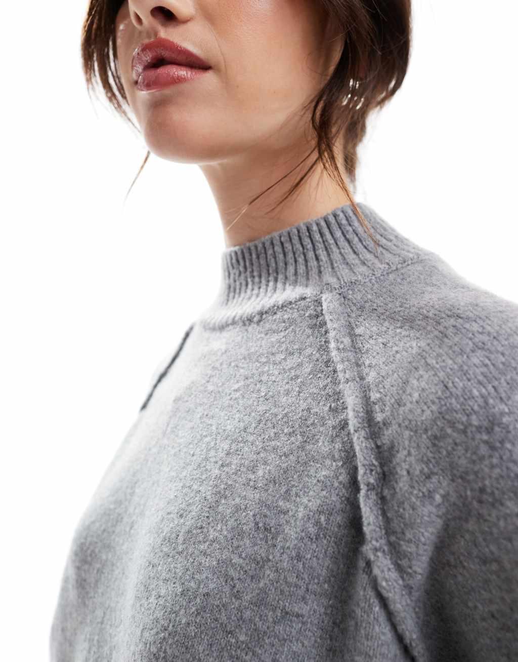 Stradivarius seamed detail semi high neck sweater in gray Product Image