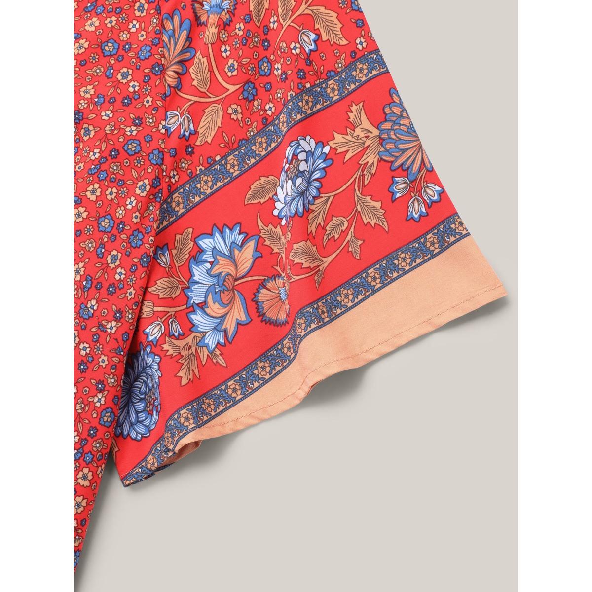 Plus Size Raspberry Floral Print Neck Tie Half Sleeve Blouse Women Boho Short sleeve Notched collar Vacation Blouses BloomChic 10/M Product Image