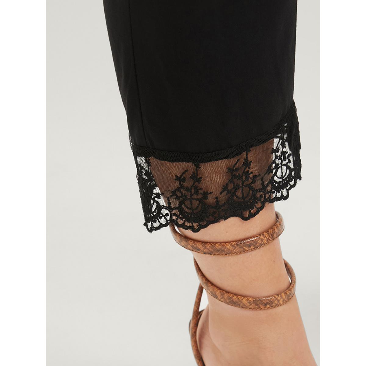 Plus Size Solid Lace Mesh Hem Pocket Elastic Waist Pants Women Black Elegant Loose High Rise Dailywear Pants BloomChic 10/M Product Image