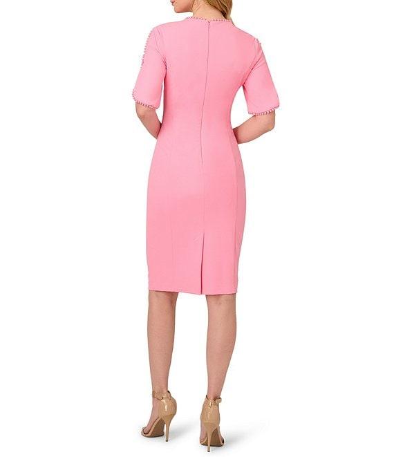 Adrianna Papell Stretch Crepe Crew Neck Short Sleeve Pearl Trim Knee Length Sheath Dress Product Image