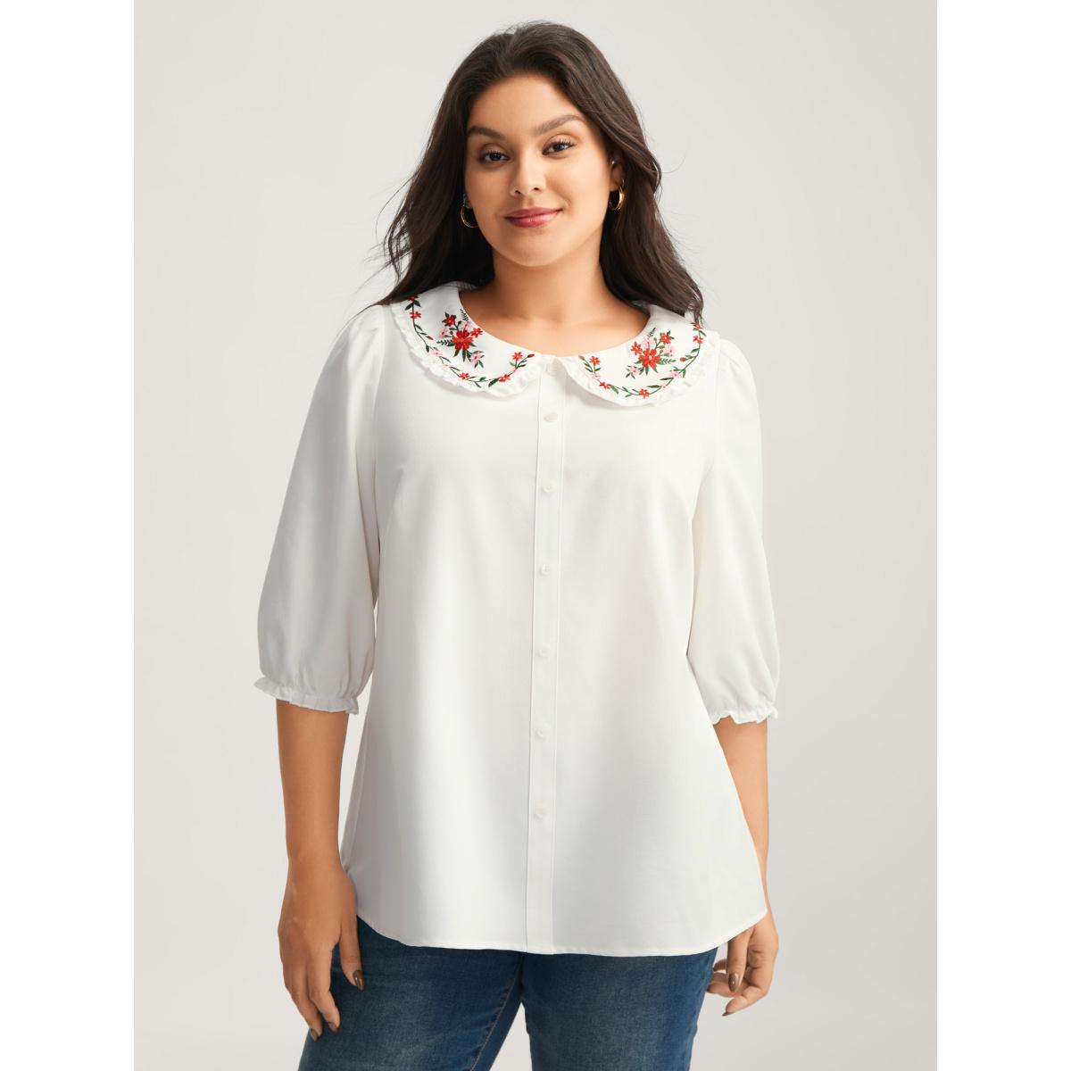 Plus Size Originalwhite Floral Embroidered Doll Collar Blouse Women Elbow-length sleeve Peter Pan collar Everyday-Elegant Blouses BloomChic 12/L Product Image