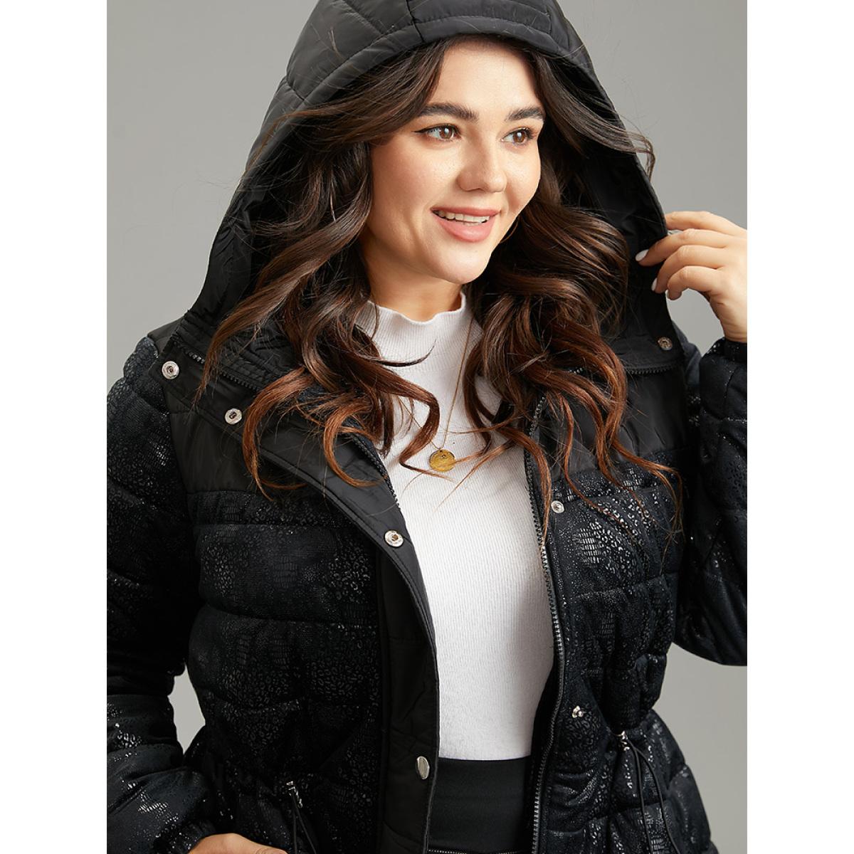 Plus Size Patchwork Drawstring Button Up Glitter Padded Jacket Women Black Lined Pocket Dailywear Jackets BloomChic 30/6X Product Image