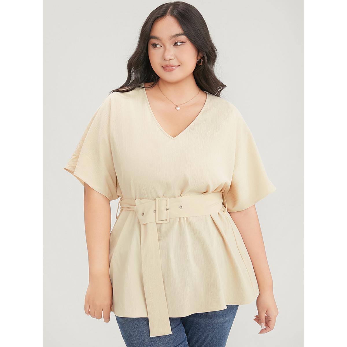 Plus Size Apricot Solid Dolman Sleeve Buckle Belted V Neck Blouse Women Office Short sleeve V-neck Dailywear Blouses BloomChic 22-24/3X Product Image