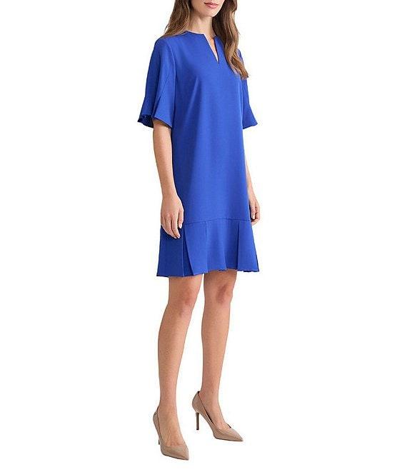 Ming Wang Crepe De Chine Split V-Neck Short Sleeve Pleated A-Line Dress Product Image