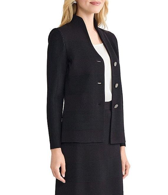 MISOOK Tailored Ottoman Stitch Knit Split Mandarin Collar Long Sleeve Jacket Product Image