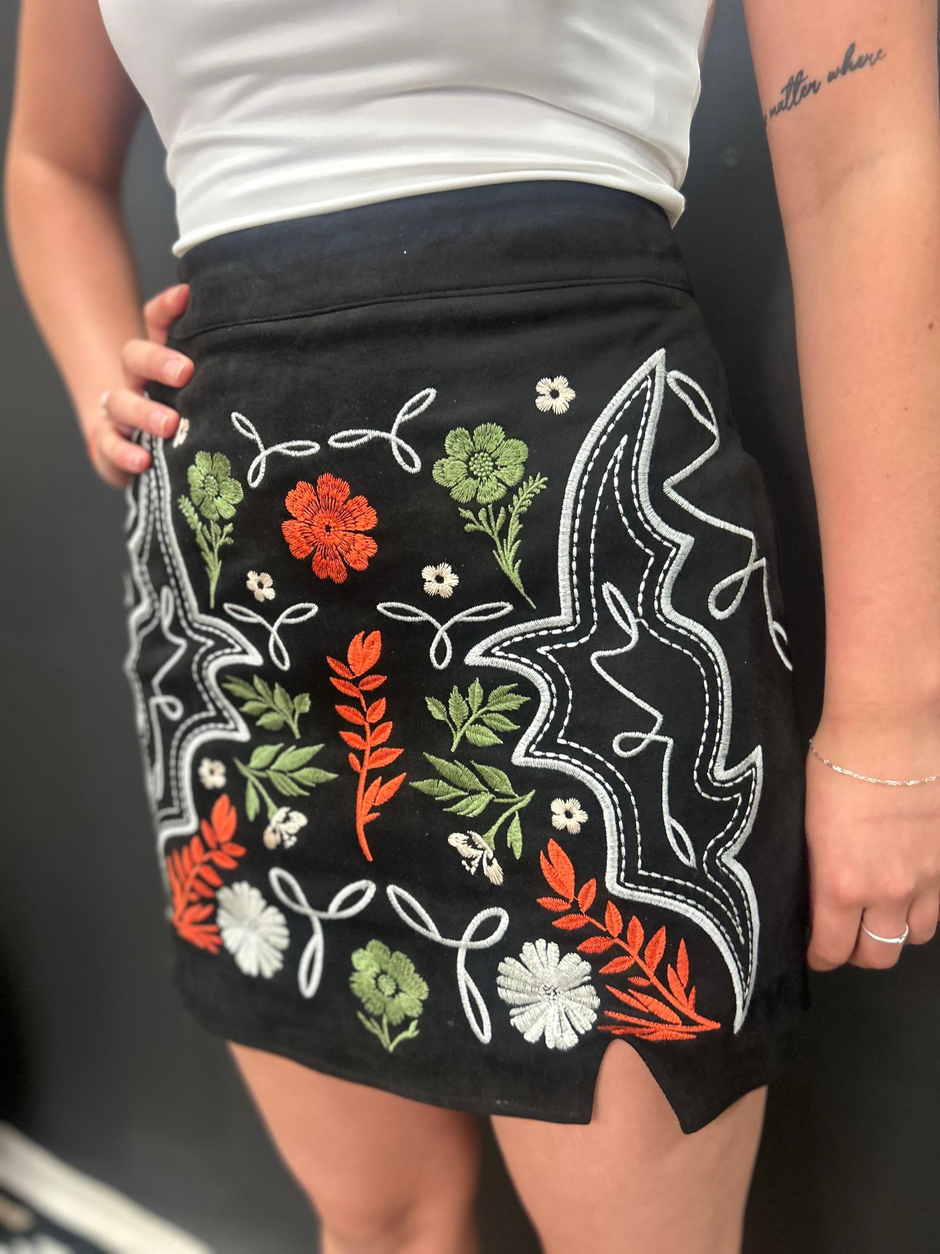 Black Suede Aztec Floral Embroidered Front Slit Skirt* Product Image