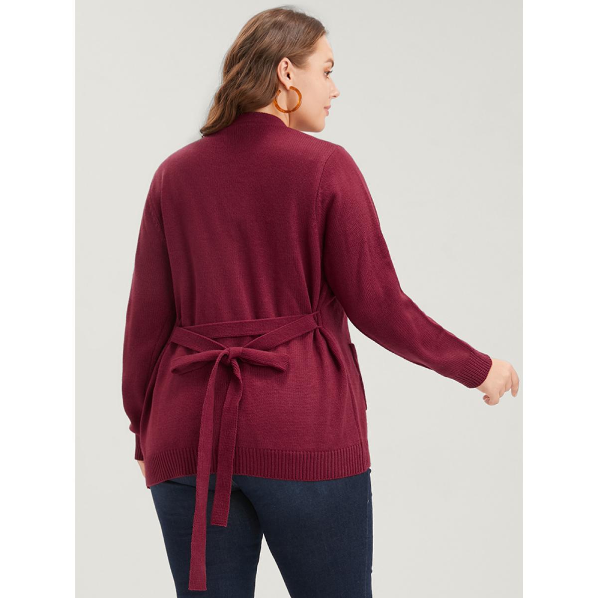 Plus Size Solid Pointelle Knit Pocket Belted Button Front Cardigan Scarlet Women Casual Loose Long Sleeve Office Cardigans BloomChic 26/4X Product Image
