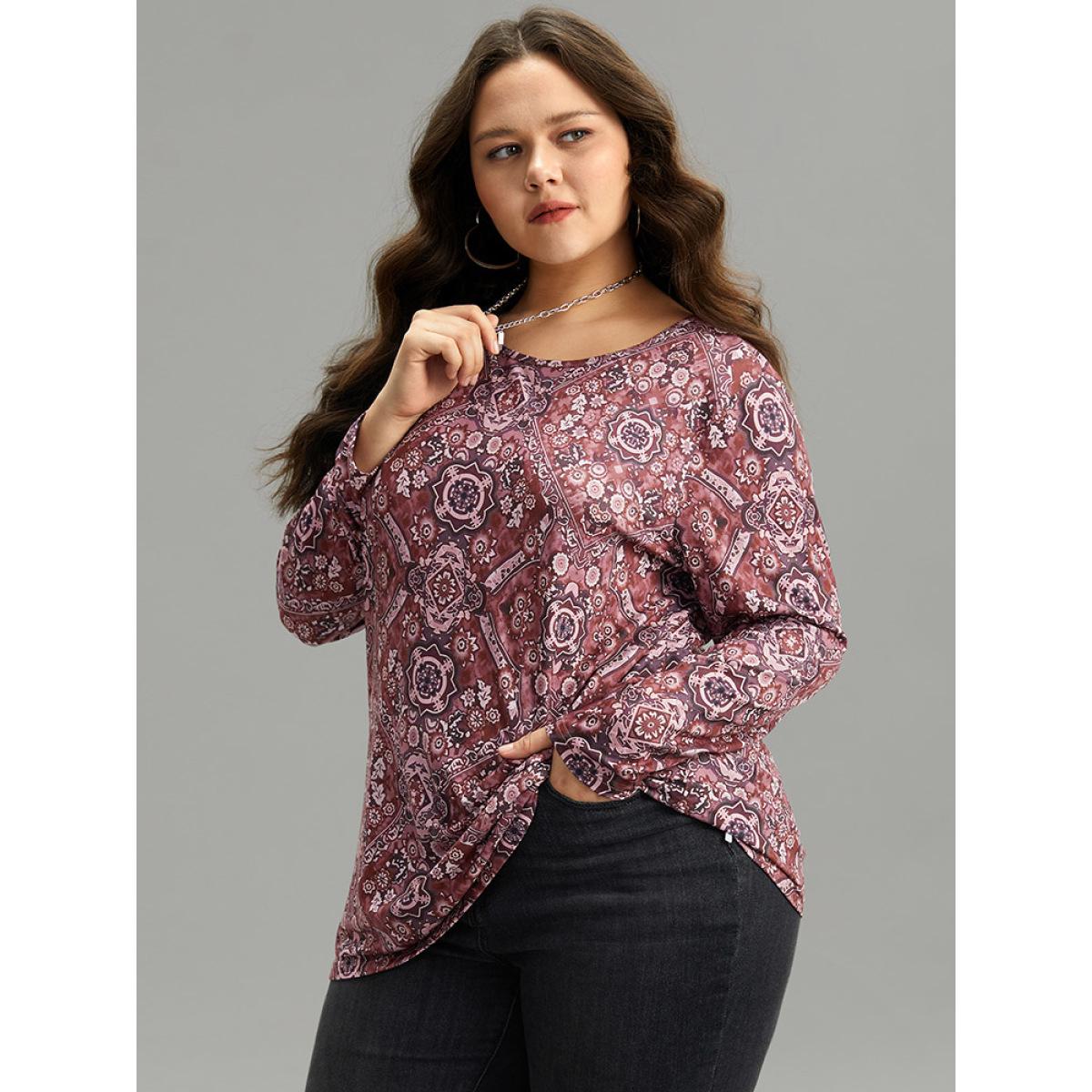 Plus Size Bandana Print Round Neck T-shirt Multicolor Women Casual Printed Bohemian Print Round Neck Dailywear T-shirts BloomChic 18-20/2X Product Image