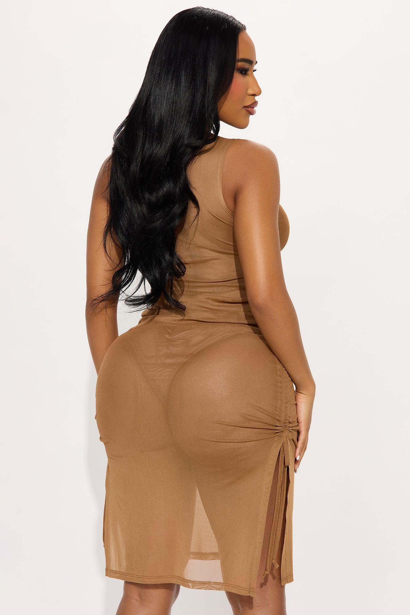 Summer Beach Party Ruched Mesh Cover Up Maxi Dress - Mocha Product Image