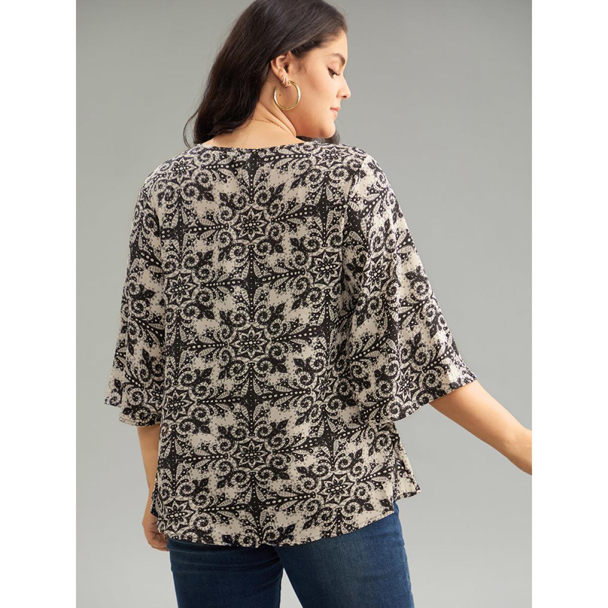 Plus Size LightBrown Paisley Print Stitch Bell Sleeve Blouse Women Vacation Elbow-length sleeve Round Neck Dailywear Blouses BloomChic 22-24/3X Product Image