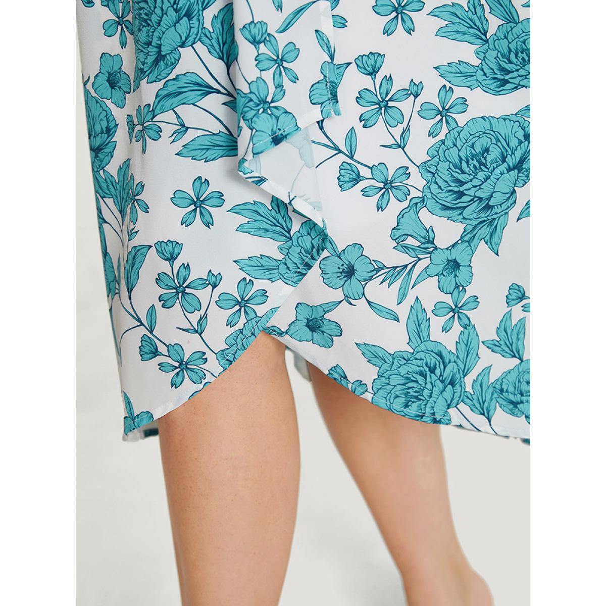 Plus Size Floral Print Pocket V Neck Asymmetrical Hem Tank Dress Teal Women Elegant Lined V-neck Sleeveless Curvy Midi Dress BloomChic 22-24/3X Product Image