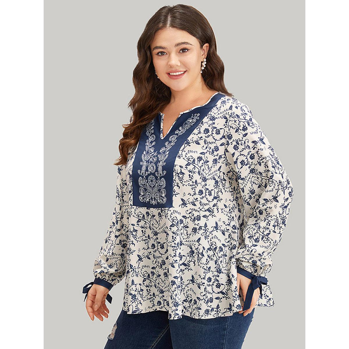 Plus Size Multicolor Boho Print Notched Knot Lantern Sleeve Blouse Women Vacation Long Sleeve Notched collar Dailywear Blouses BloomChic 30/6X Product Image