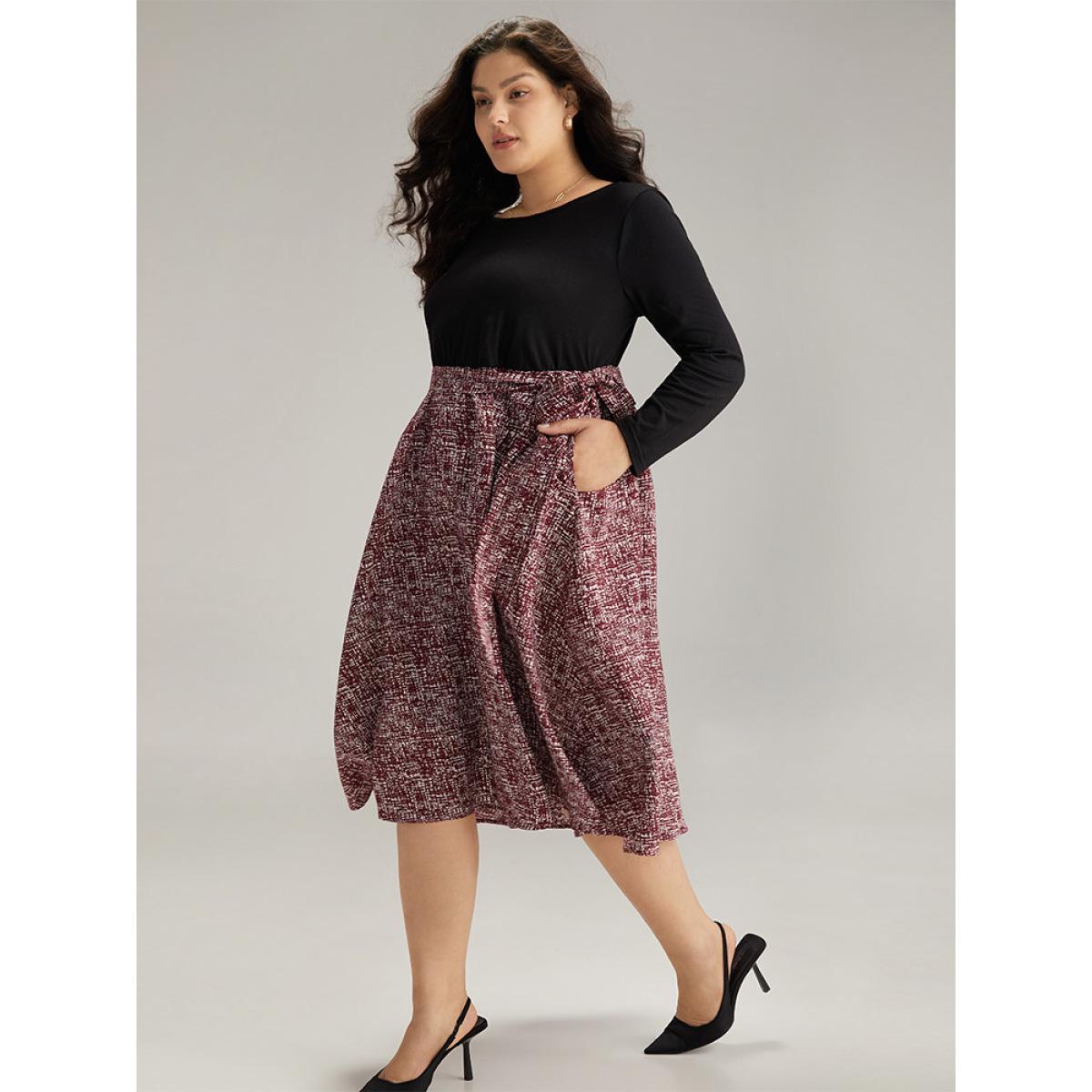 Plus Size Patchwork Contrast Belted Crew Neck Dress Black Women Office Belted Round Neck Long Sleeve Curvy Midi Dress BloomChic 12/L Product Image