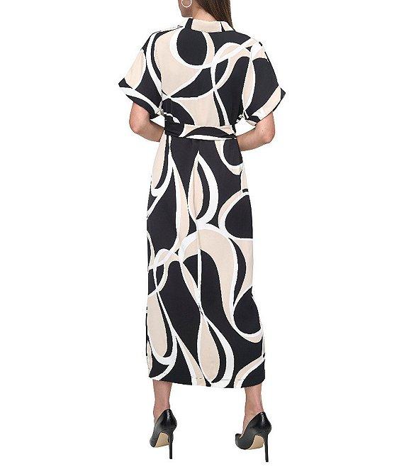 DKNY by Donna Karan Woven Geometrical Print Point Collar Neck Short Sleeve Button Front Waist Tie Shirt Midi Dress Product Image