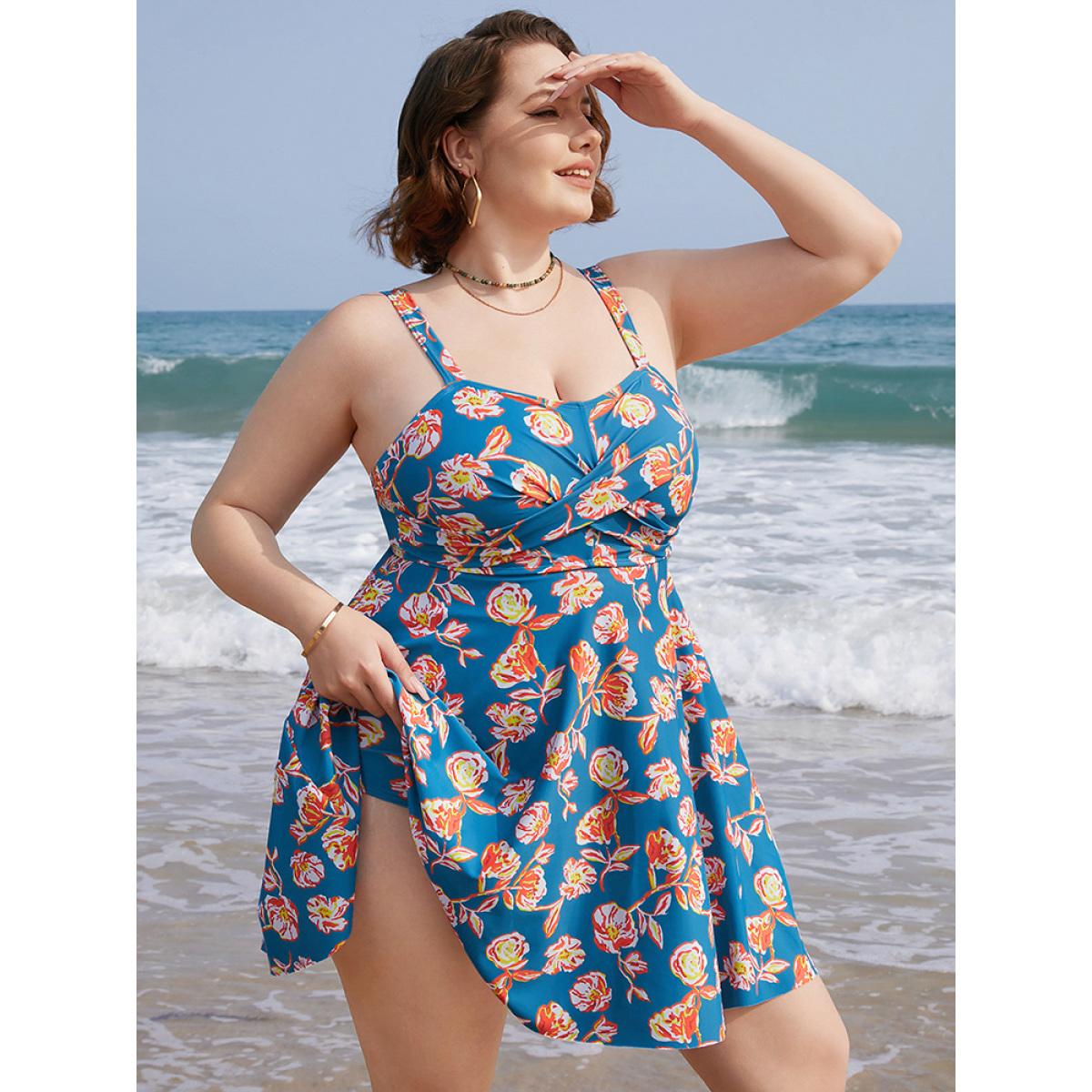 Plus Size Floral Contrast Crossover Front Ruffles Adjustable Straps Swim Dress Women's Swimwear Blue Vacation Bodycon High stretch Curve Swim Dresses BloomChic 28/5X Product Image
